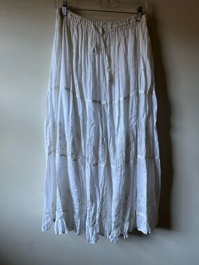 Bohemian Tiered White Maxi Skirt Floral Embroidered Rayon India Pappillon